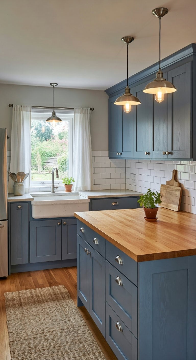 hardworking beautiful blue gray kitchen island