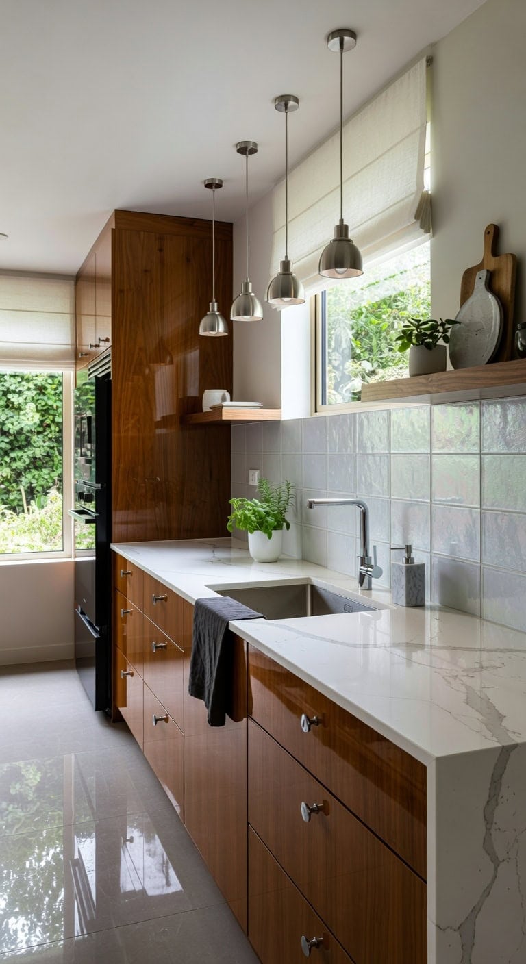 high gloss hickory marble accents