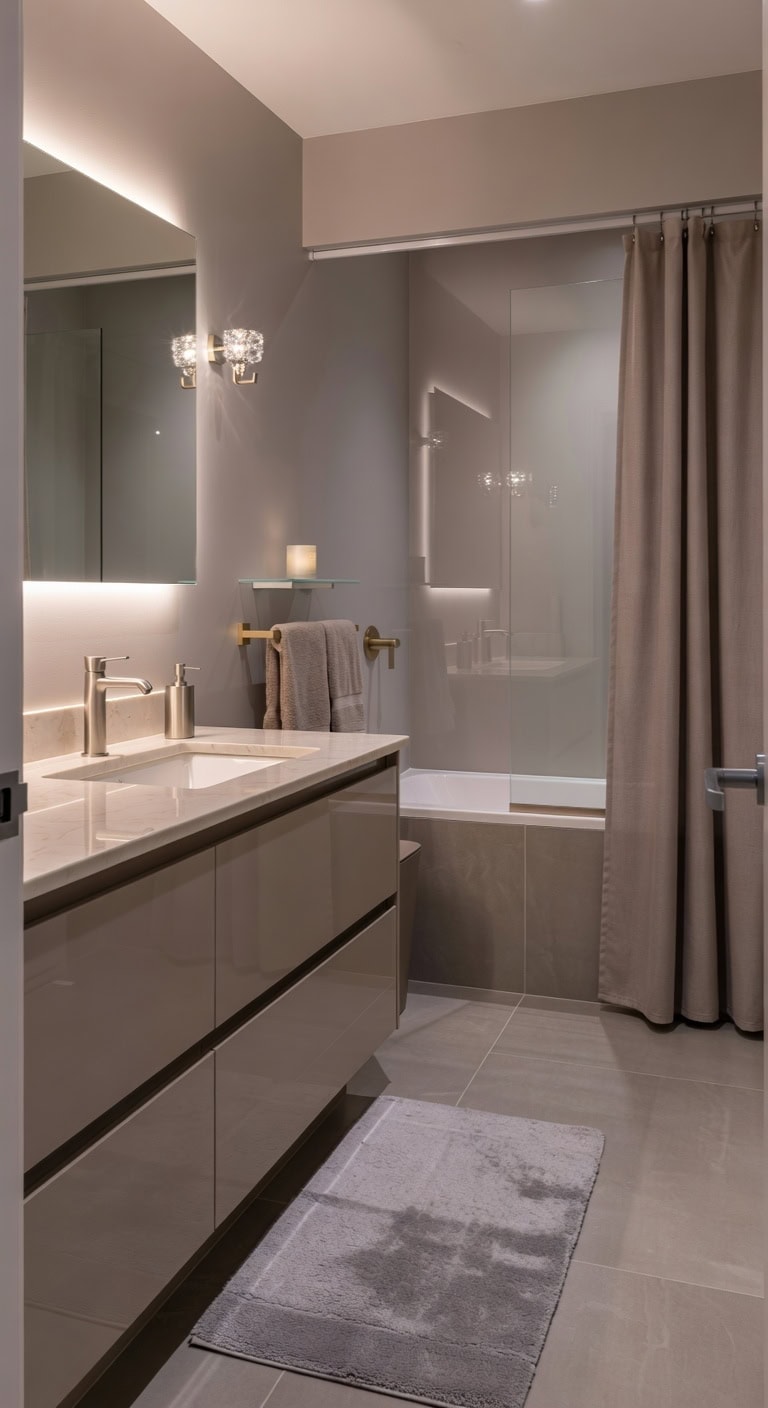 high gloss taupe glambathroom accents