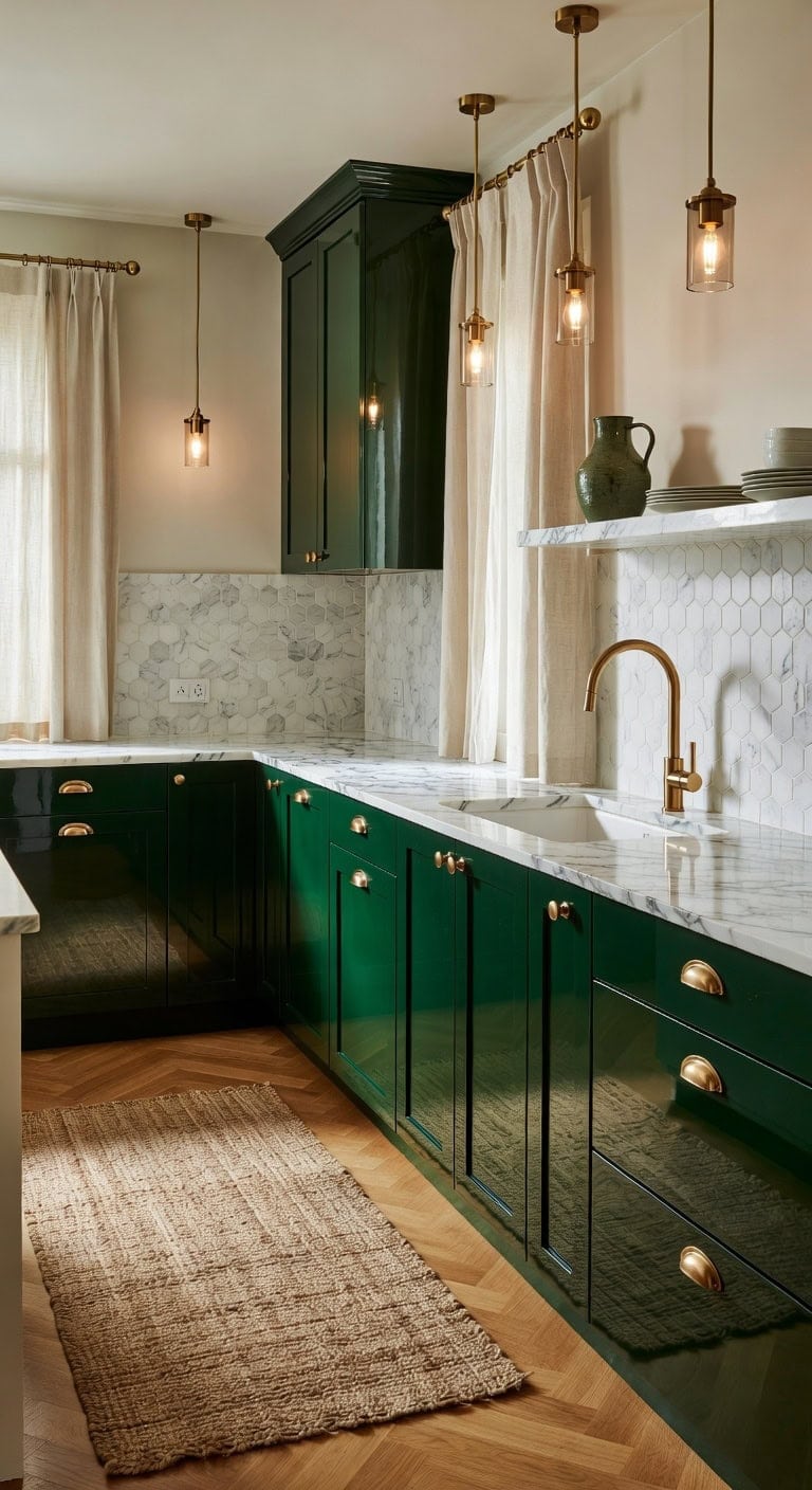 jewel toned high gloss brass accented cabinetry