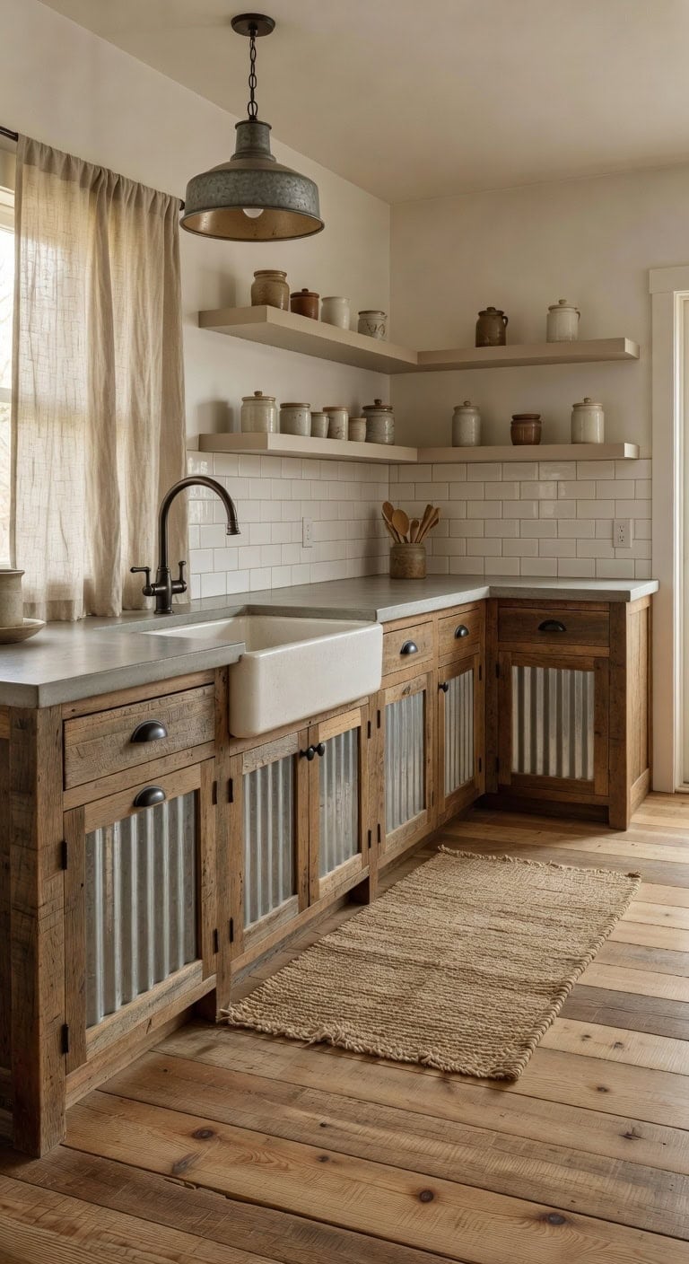 layered farmhouse industrial kitchen aesthetic