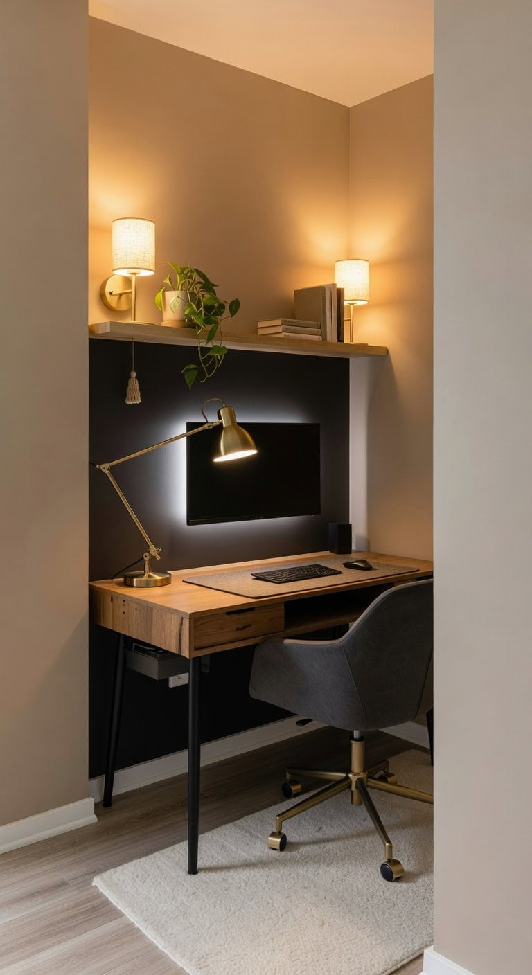 layered lighting transforms cramped workspace