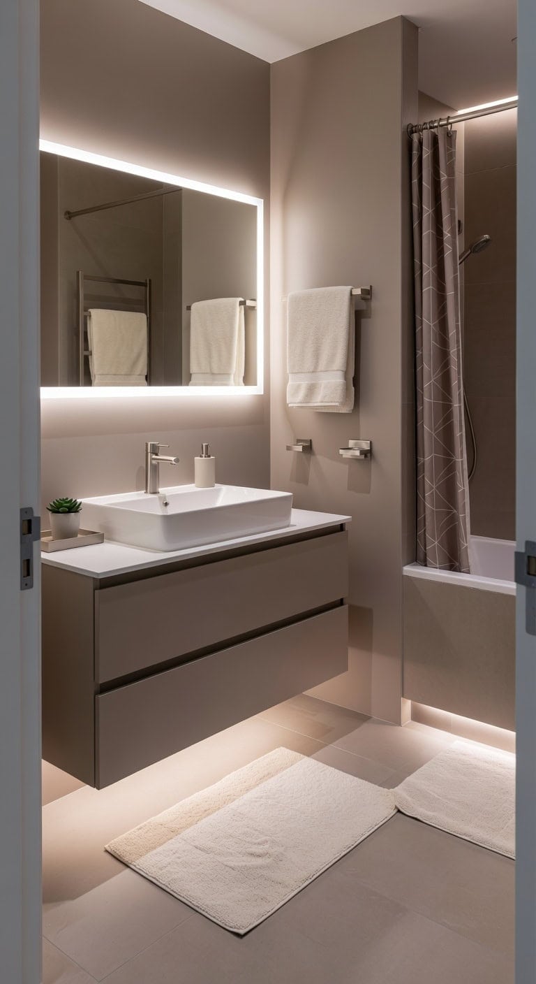 led backlit taupe tech bathroom