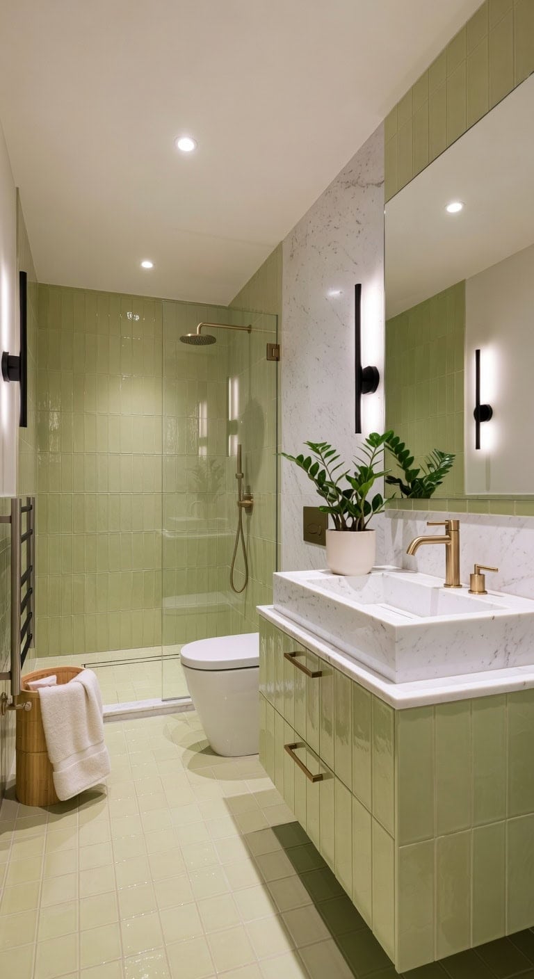 luxurious pistachio and marble bathroom oasis