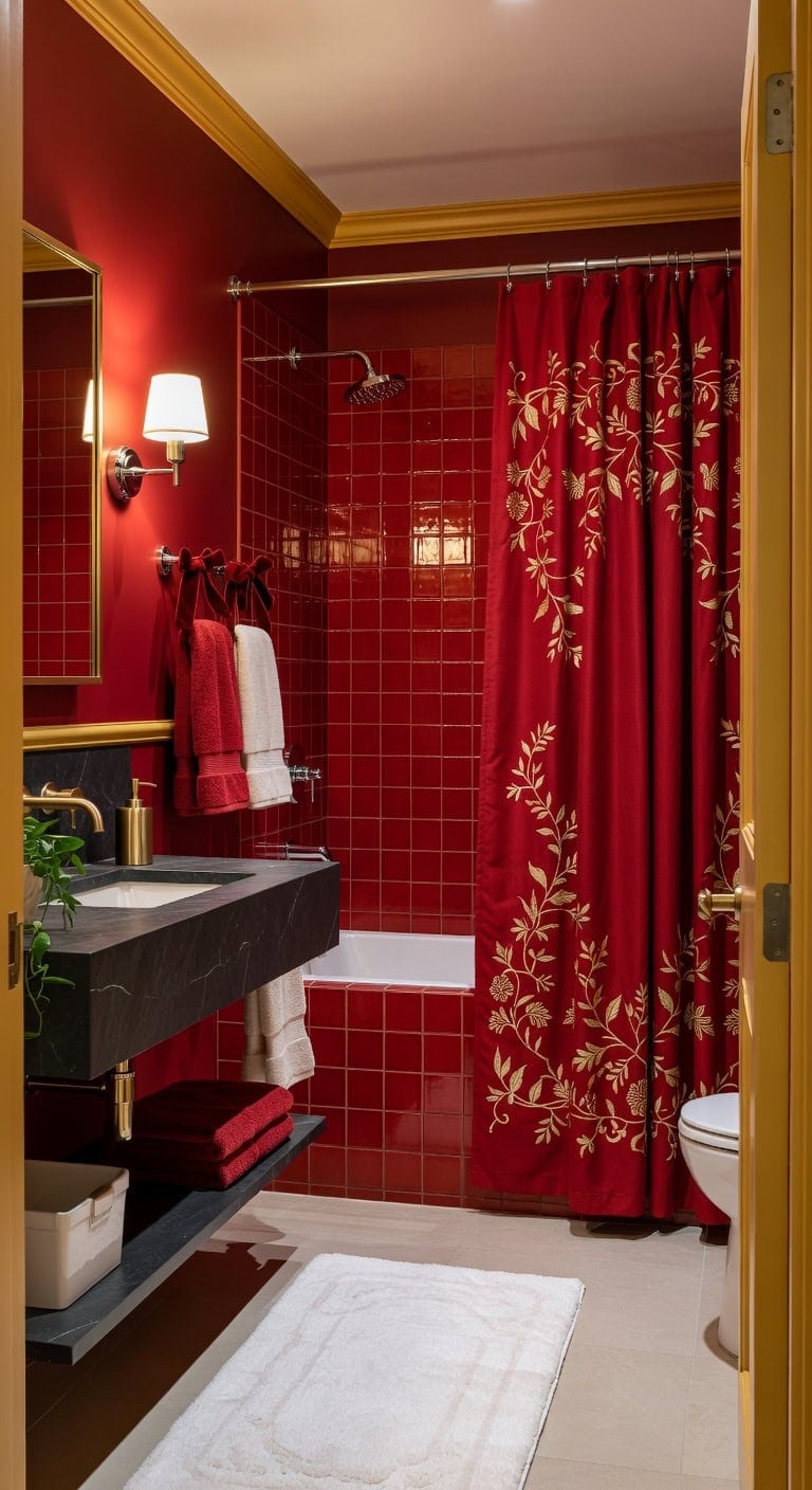 luxurious red and gold bathroom