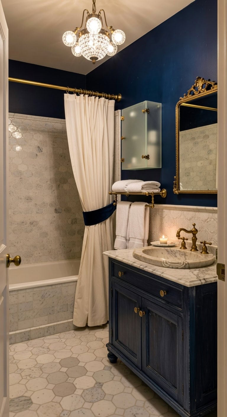 marble brass velvet navy glam
