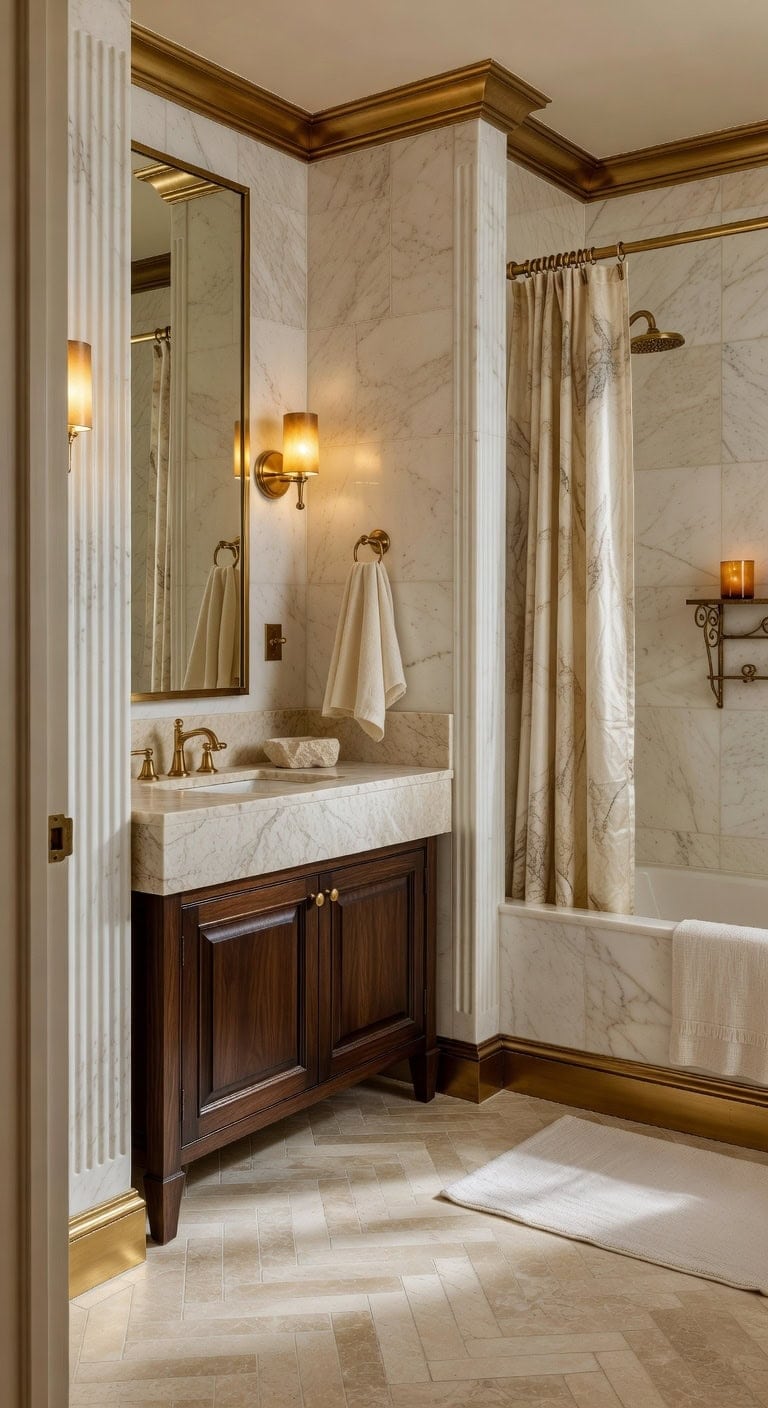 marble columns with brass accents