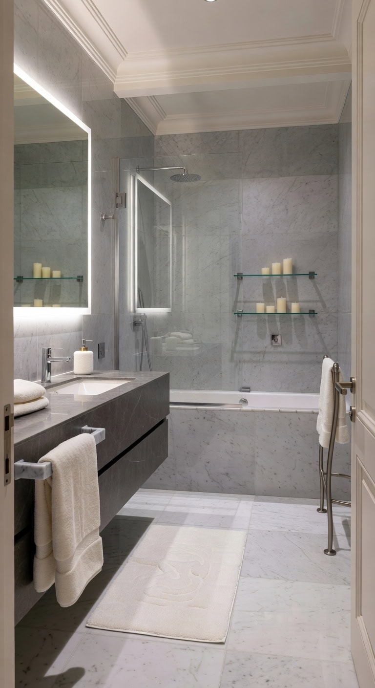 marble effect velvet luxe bathroom