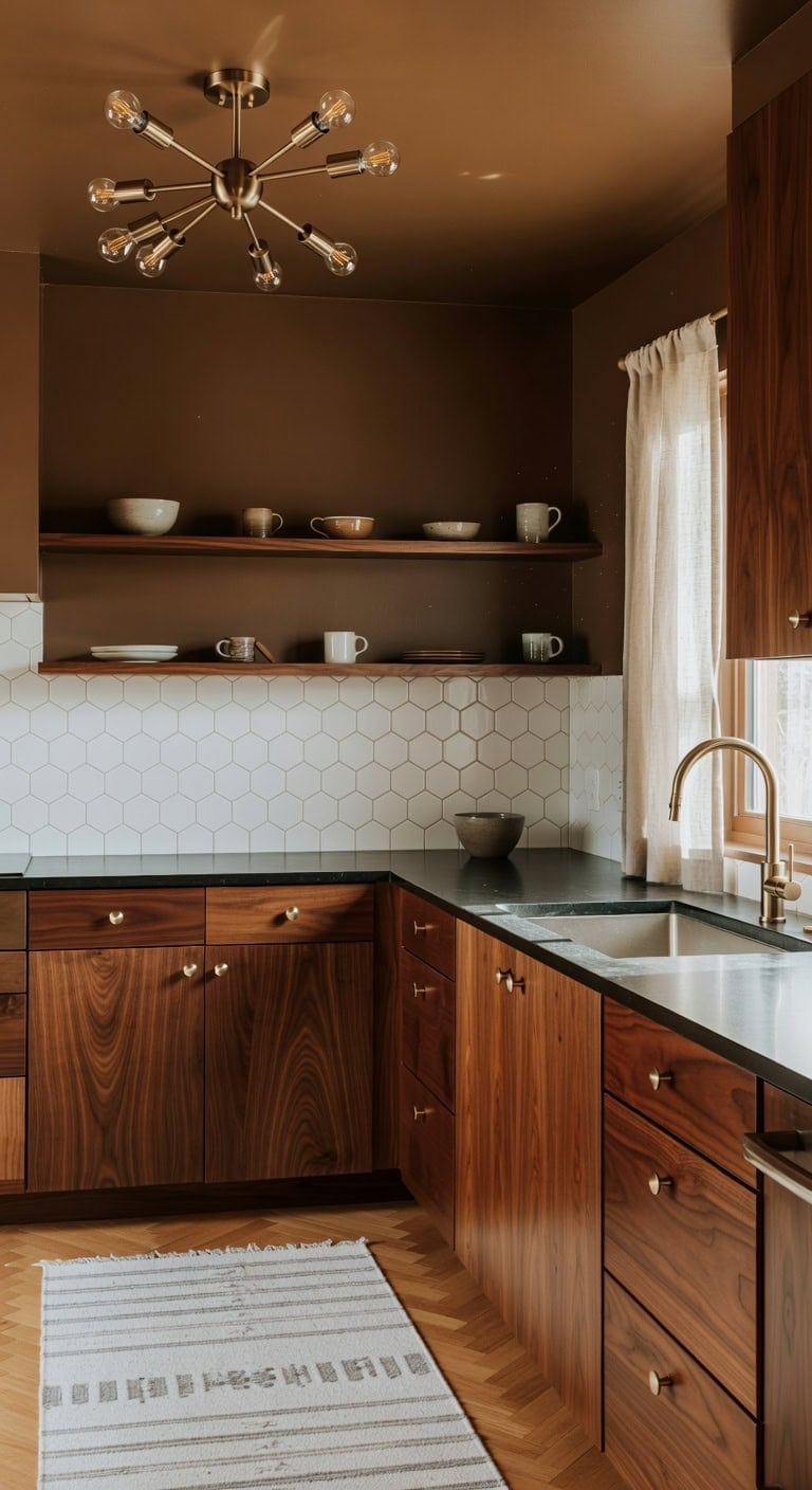 mid century modern walnut and black kitchen