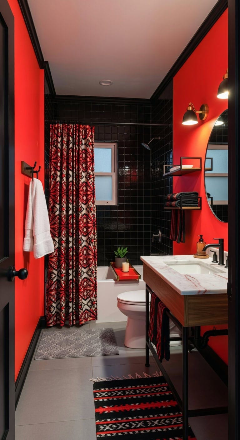 mid century red black bathroom