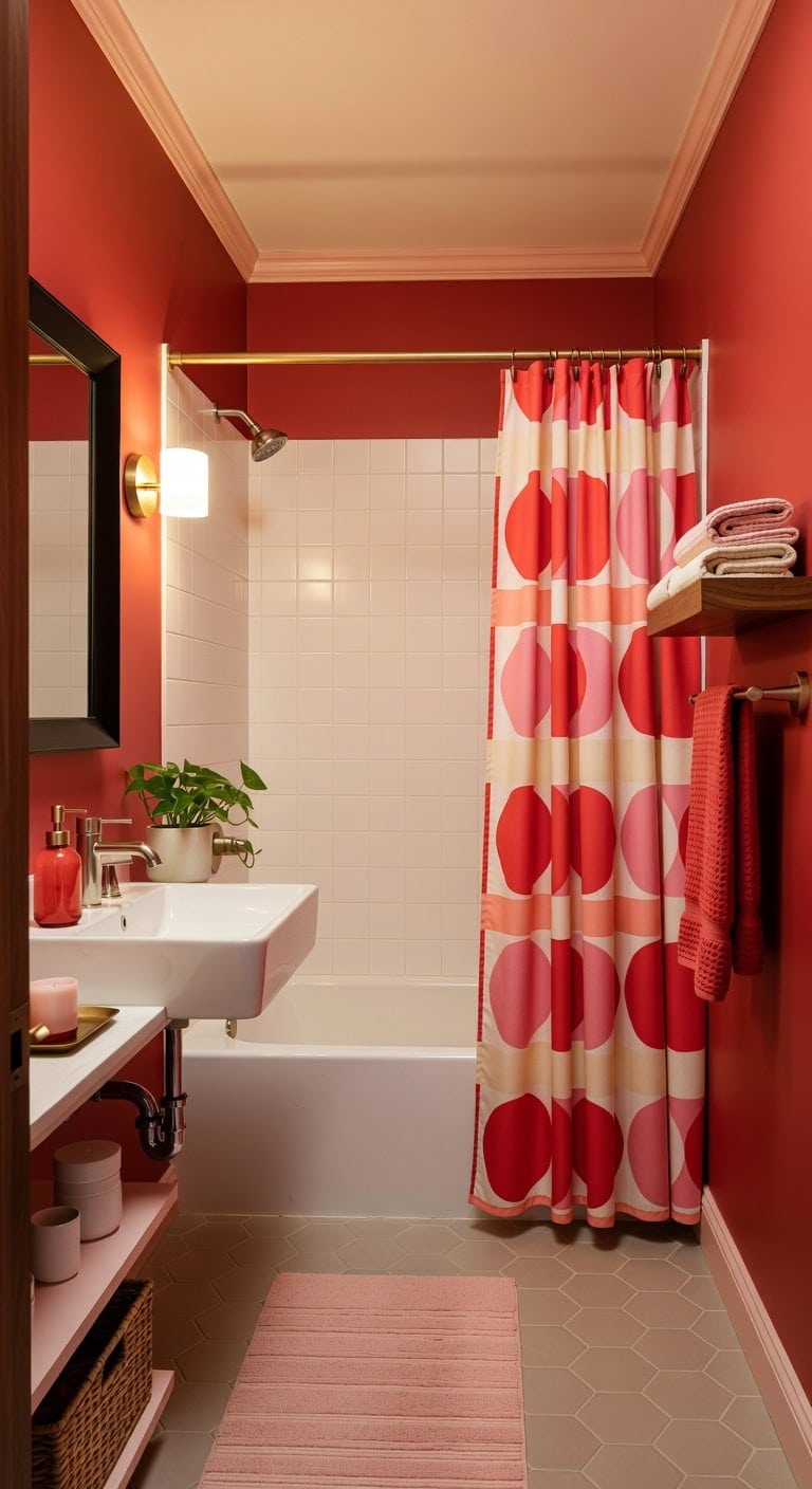 mid century red pink retro bath