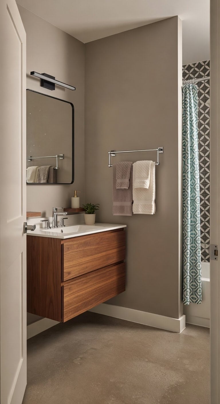 mid century walnut geometric bathroom