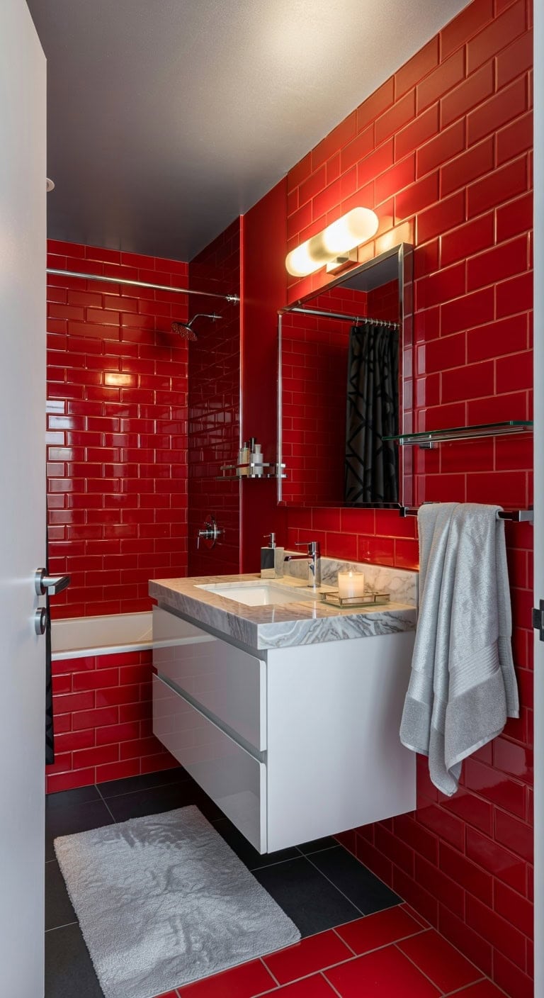 mirror finished glam red bathroom