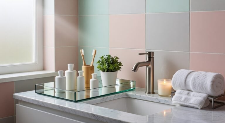 mirrored glass bathroom storage trays