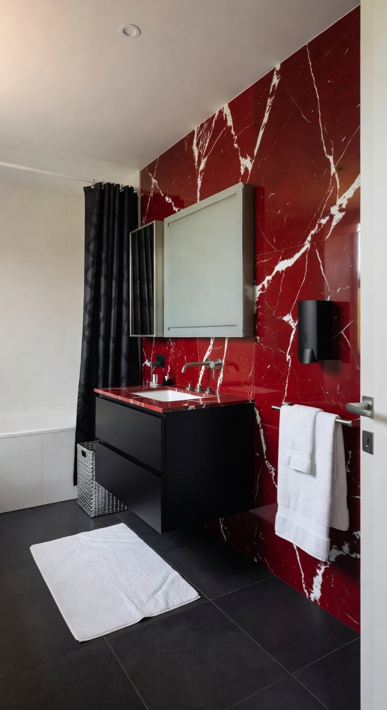 monochrome red marble bathroom