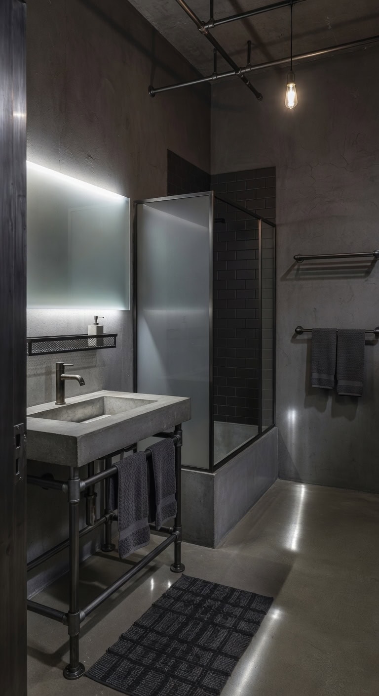 moody industrial loft bathroom