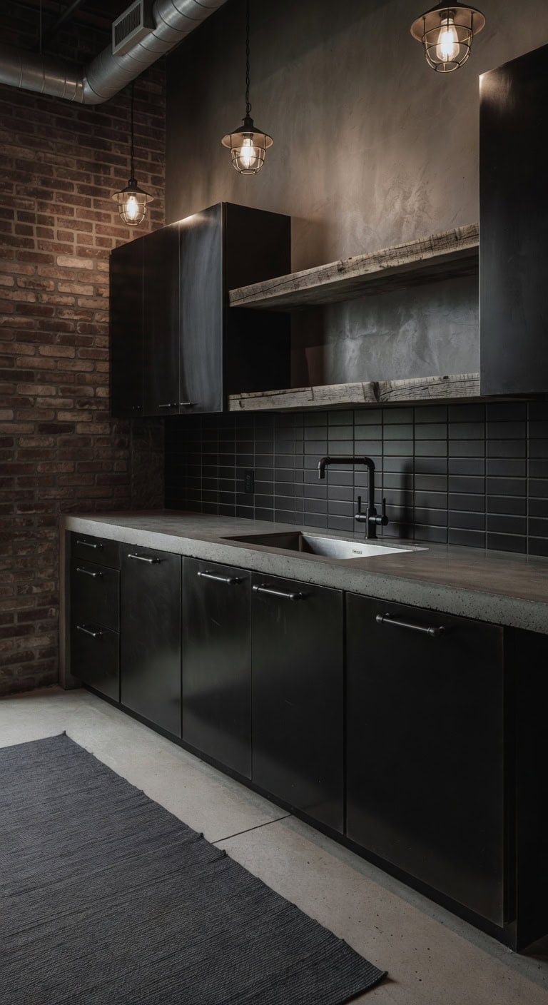 moody industrial matte black kitchen cabinets