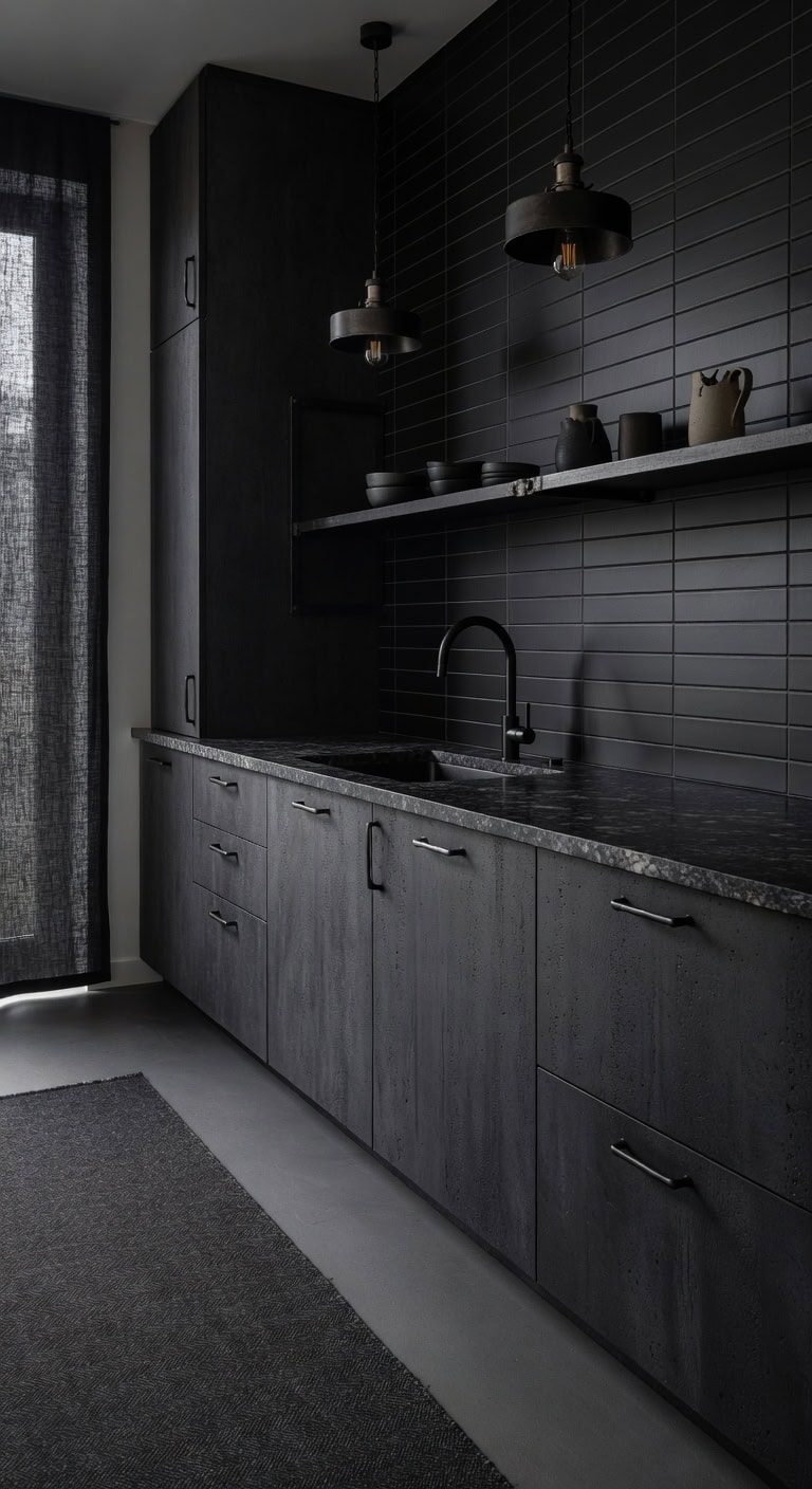 moody layered textural dramatic kitchen