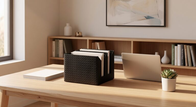 organized black desk files 2026