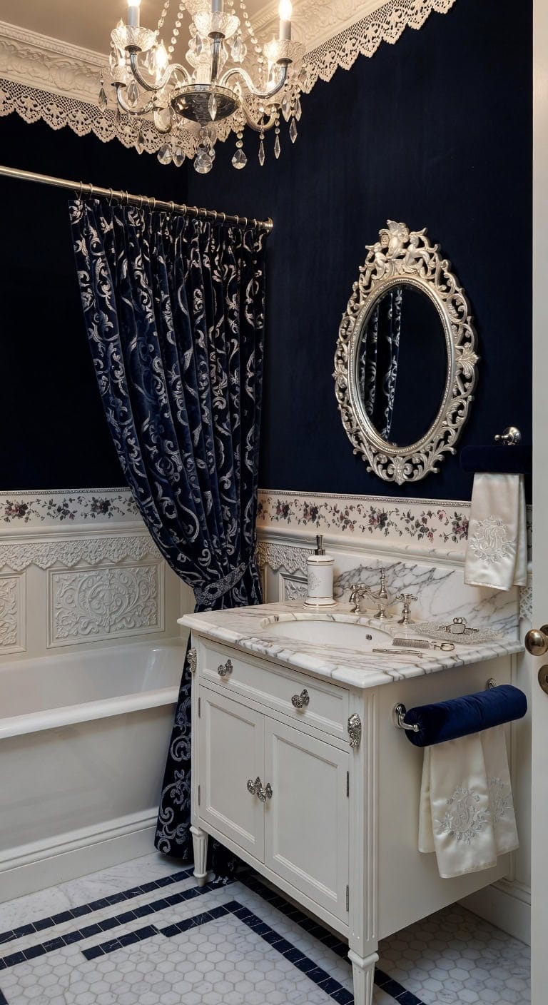 ornate navy victorian bathroom