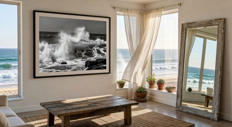 oversized coastal photography wood mirrors