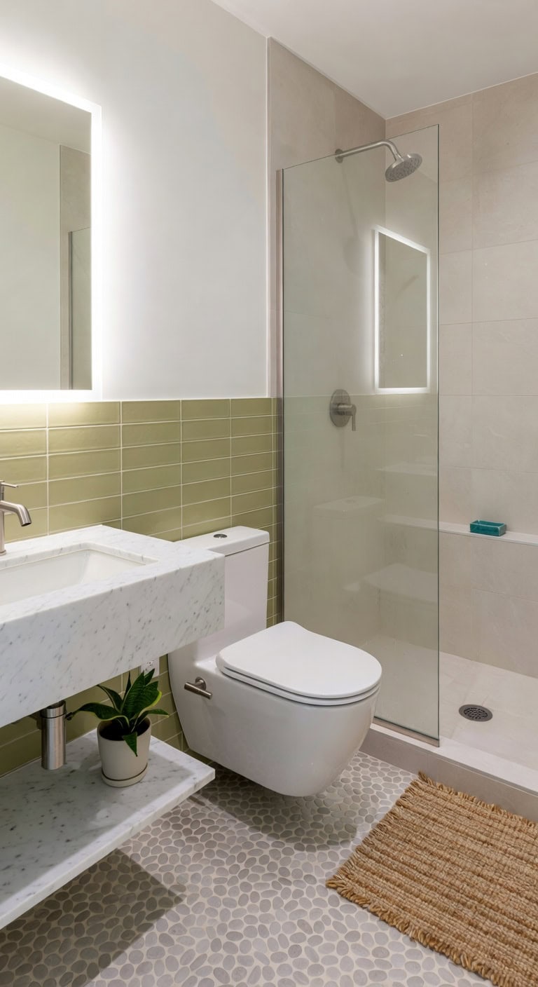 pistachio tiles pebble flooring spa like vibe