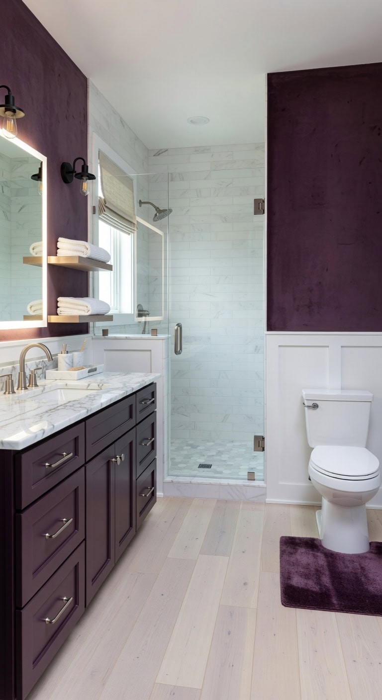 plum cabinets white marble sanctuary