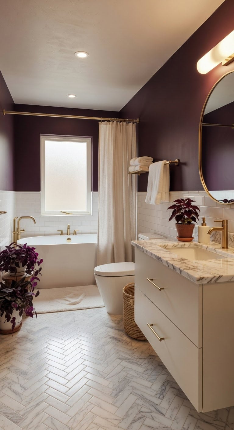 plum hued plants freshen bathroom ambiance