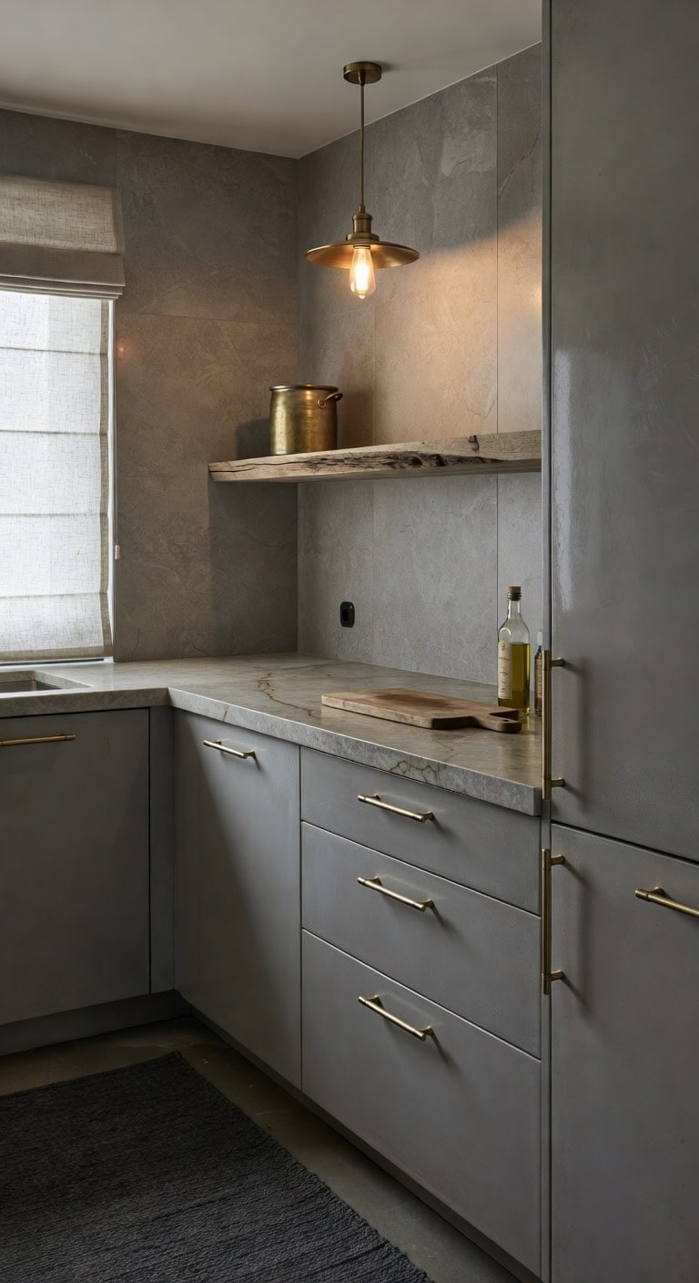 polished concrete warm brass hardware