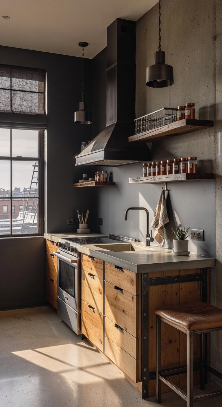 raw oak industrial loft kitchen