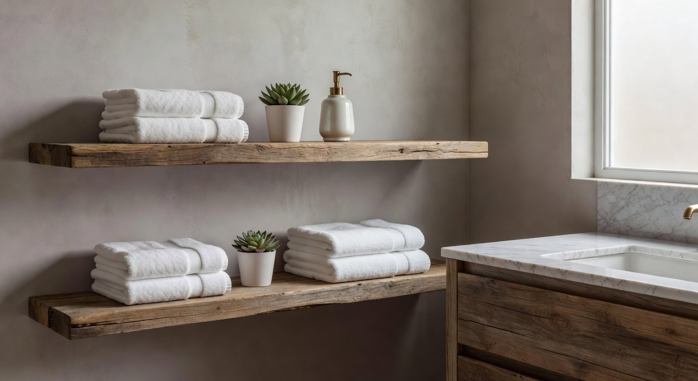 reclaimed hardwood bathroom shelving considerations