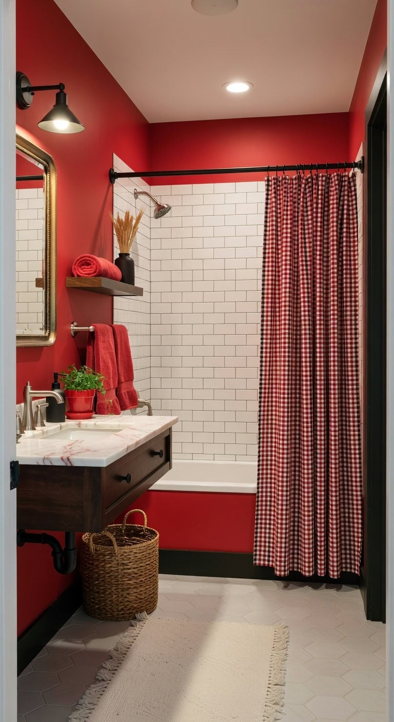 red and black farmhouse bathroom