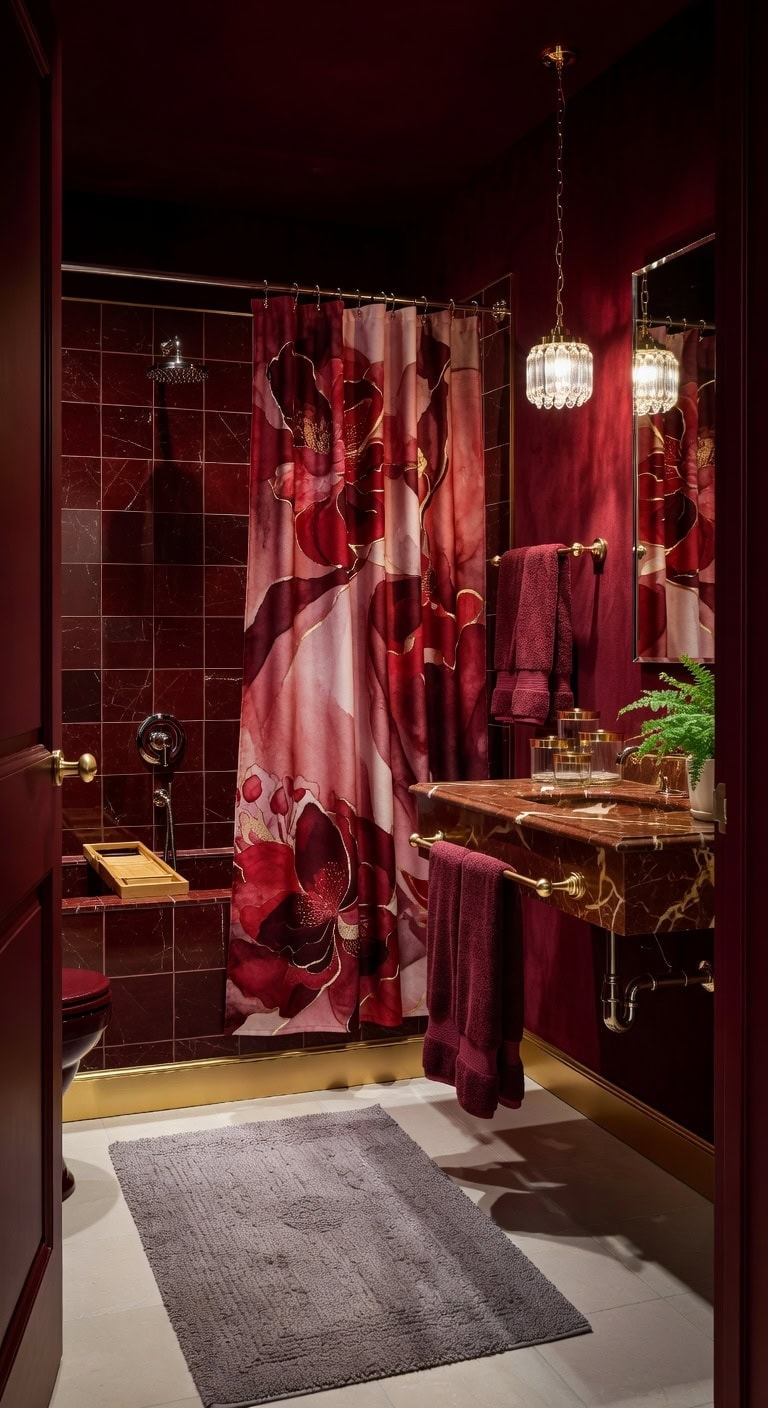 red and gold luxe bathroom