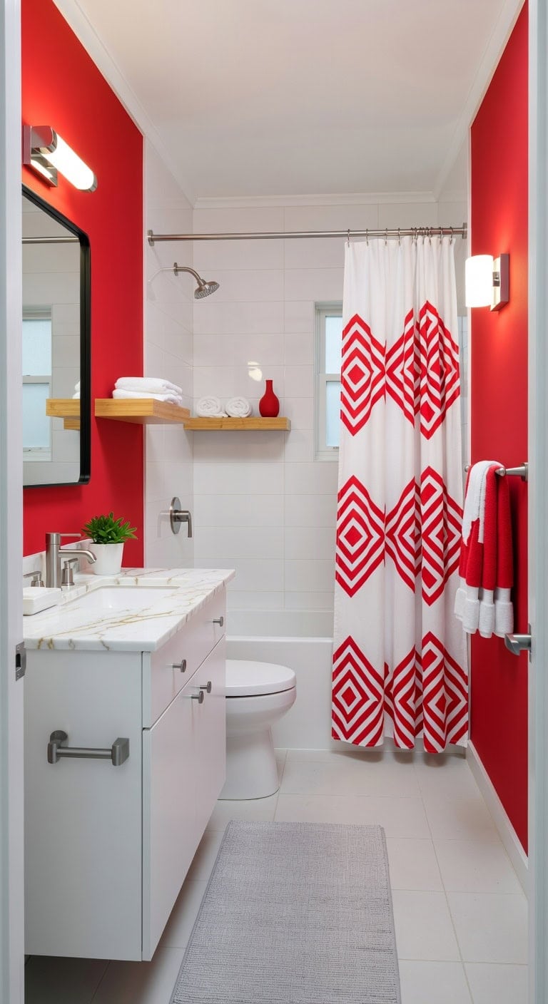 red and white geometric bathroom