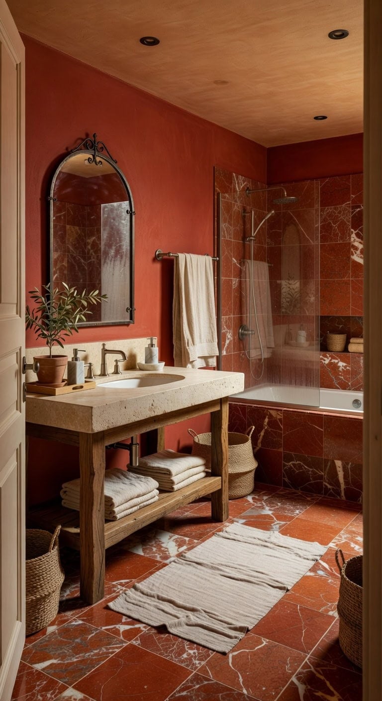 red marble mediterranean bathscape