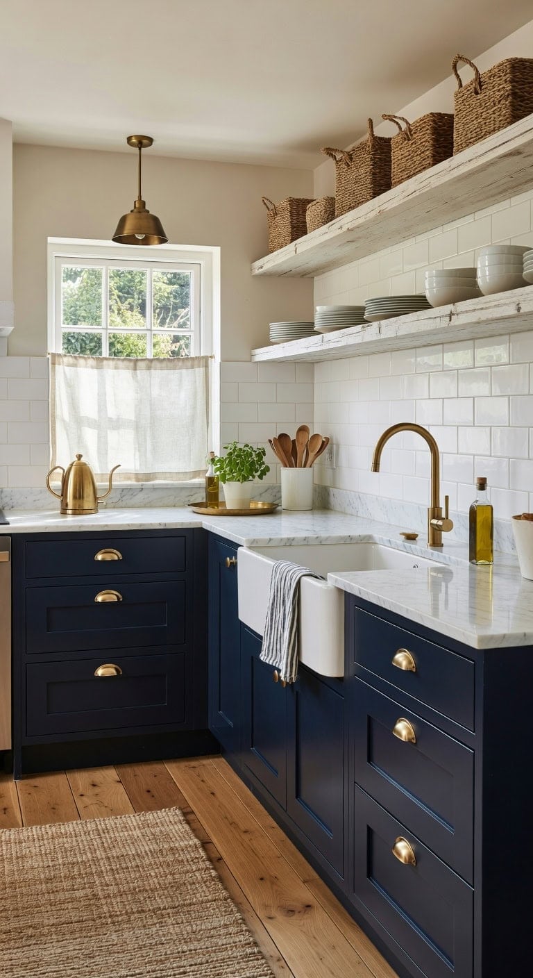 refined farmhouse navy blue brass