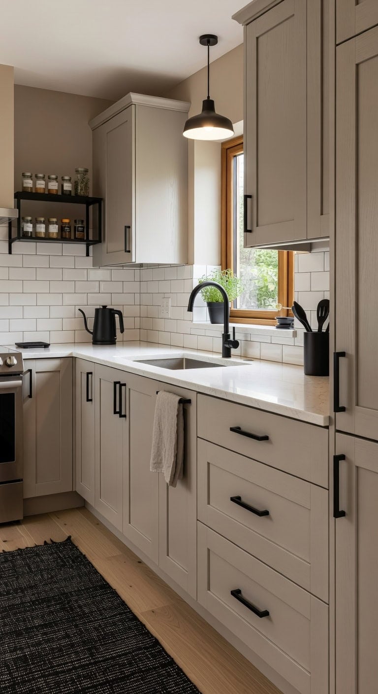 refined greige and black kitchen