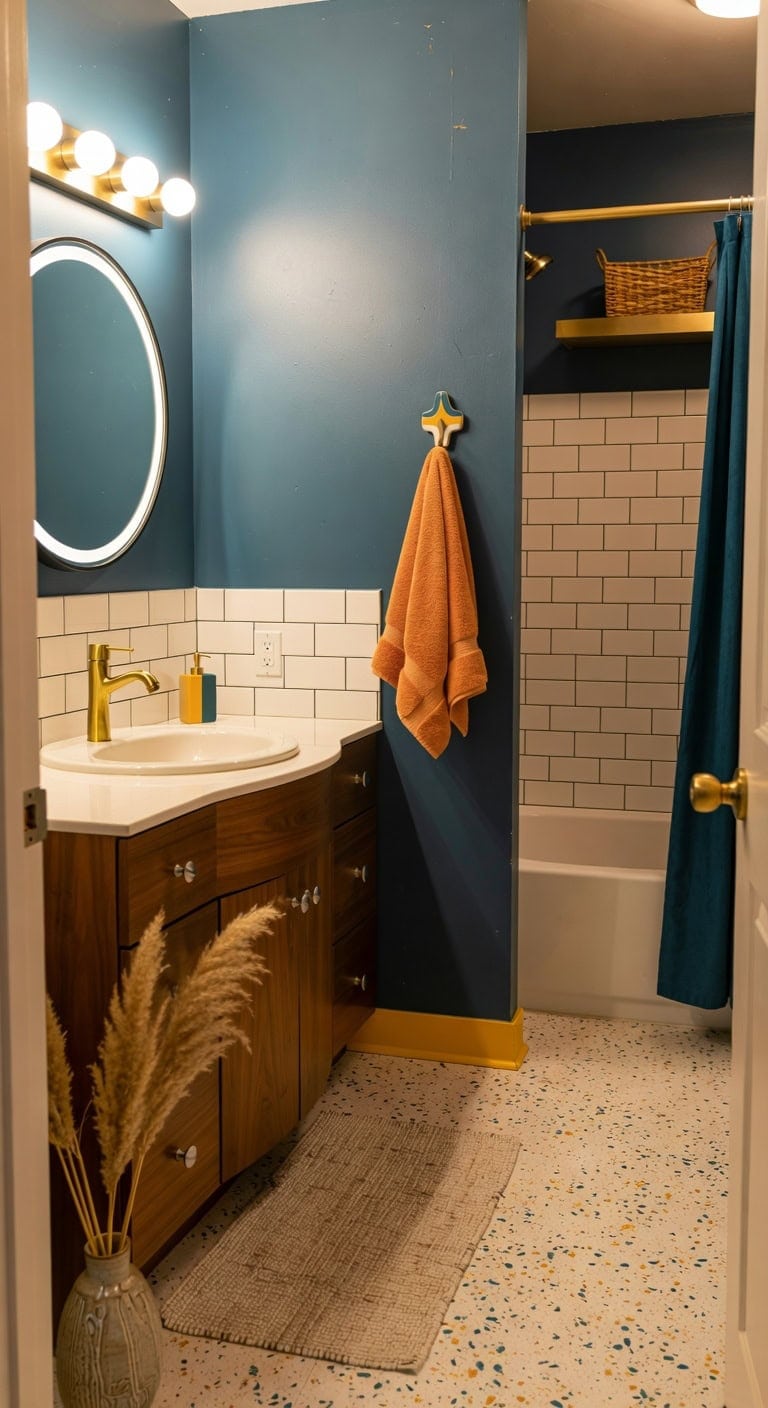 retro brass teal bathroom vibe