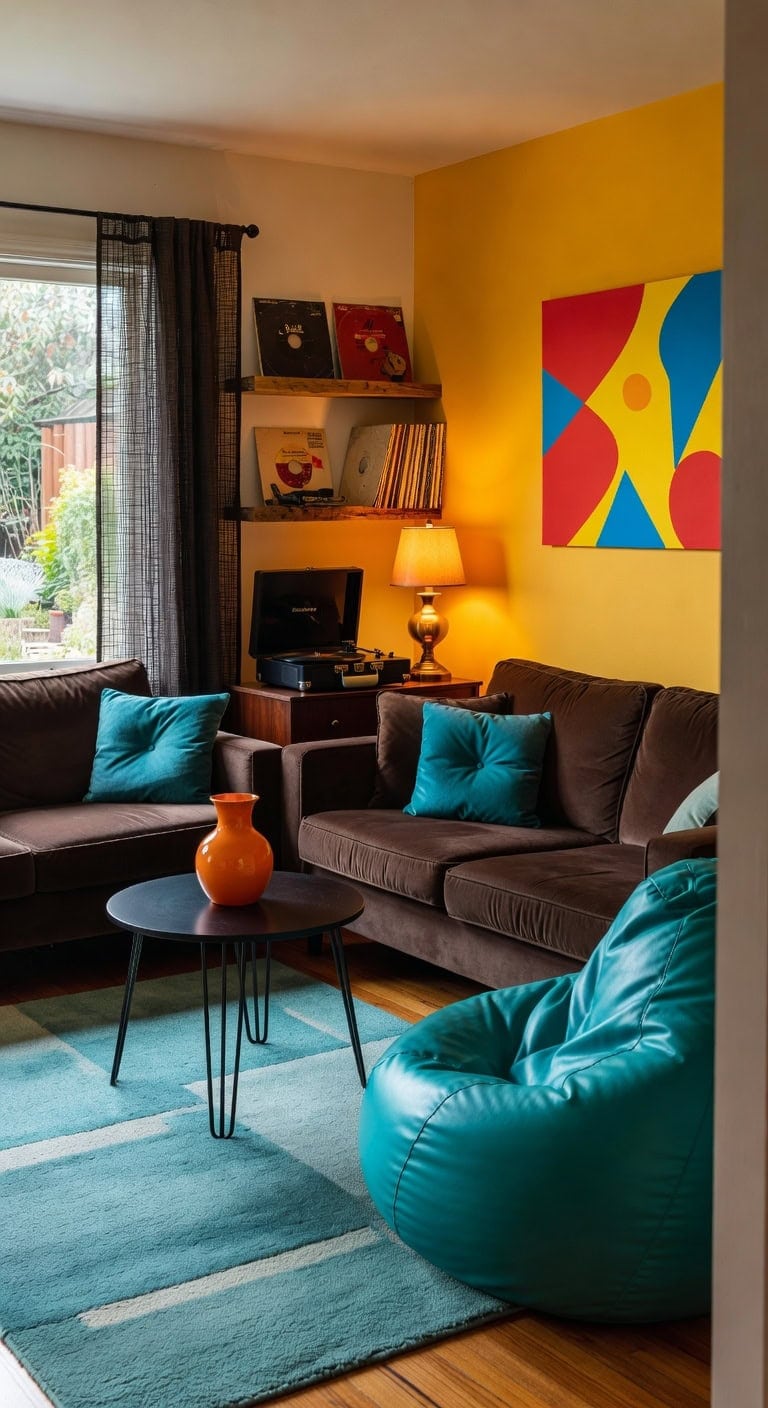 retro music inspired colorful lounge