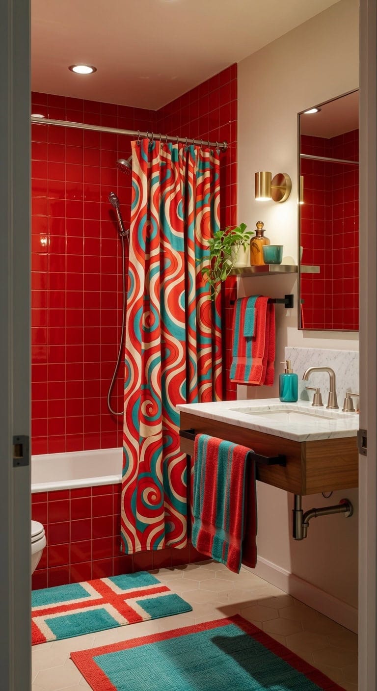 retro red and teal bathroom