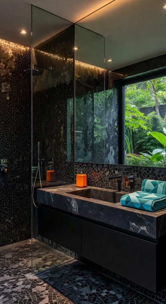 23 Black Stone Bathroom Designs for Rich, Textured Style