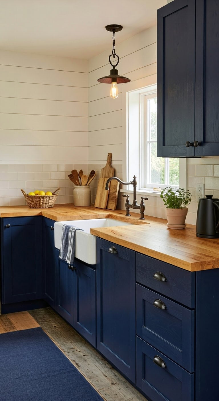 rustic navy butcher block contrasting