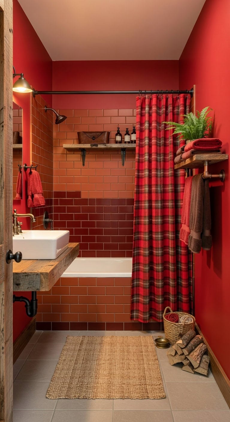 rustic red brown cabin bathroom