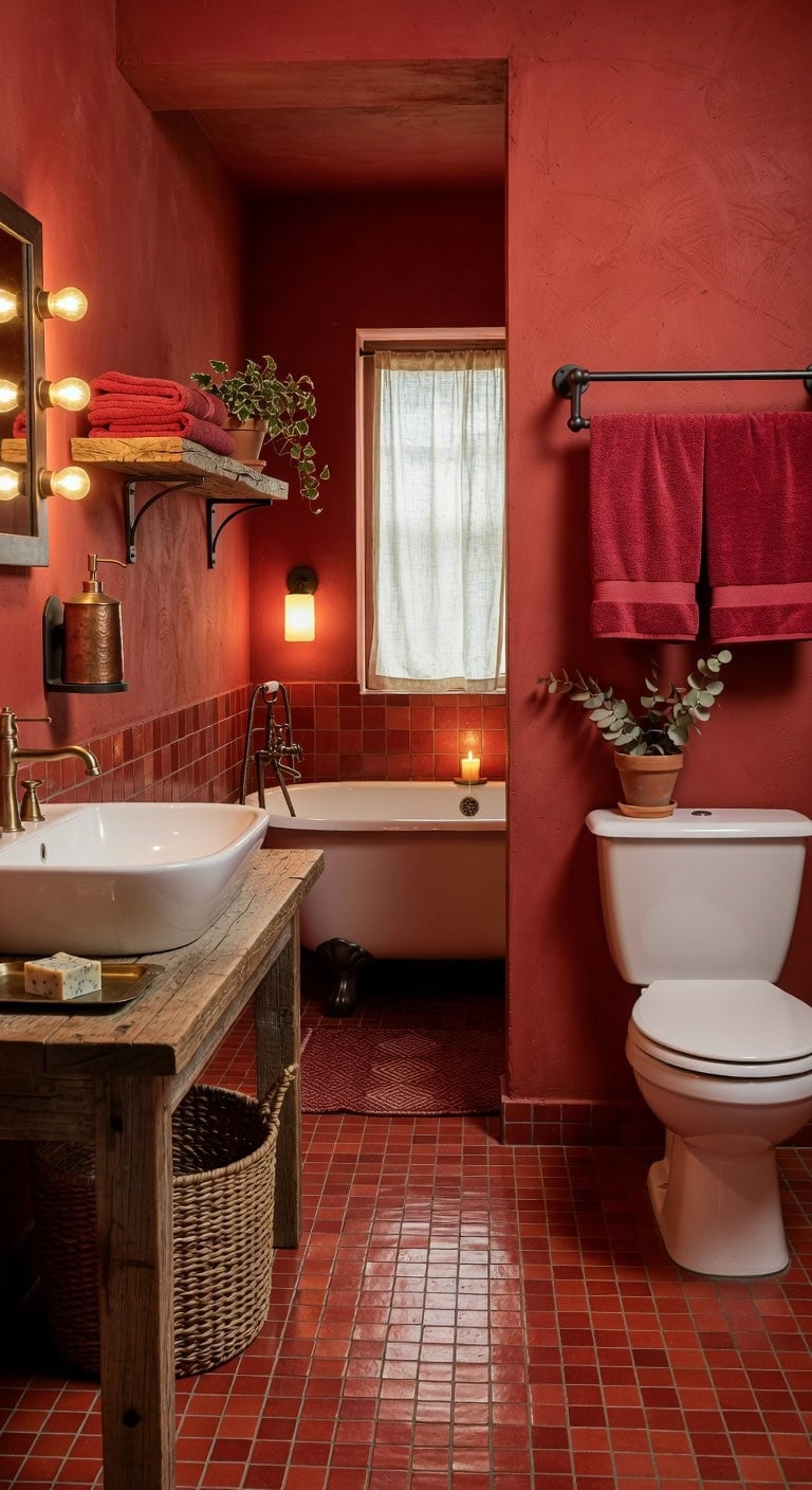 rustic textured red toned bathroom decor