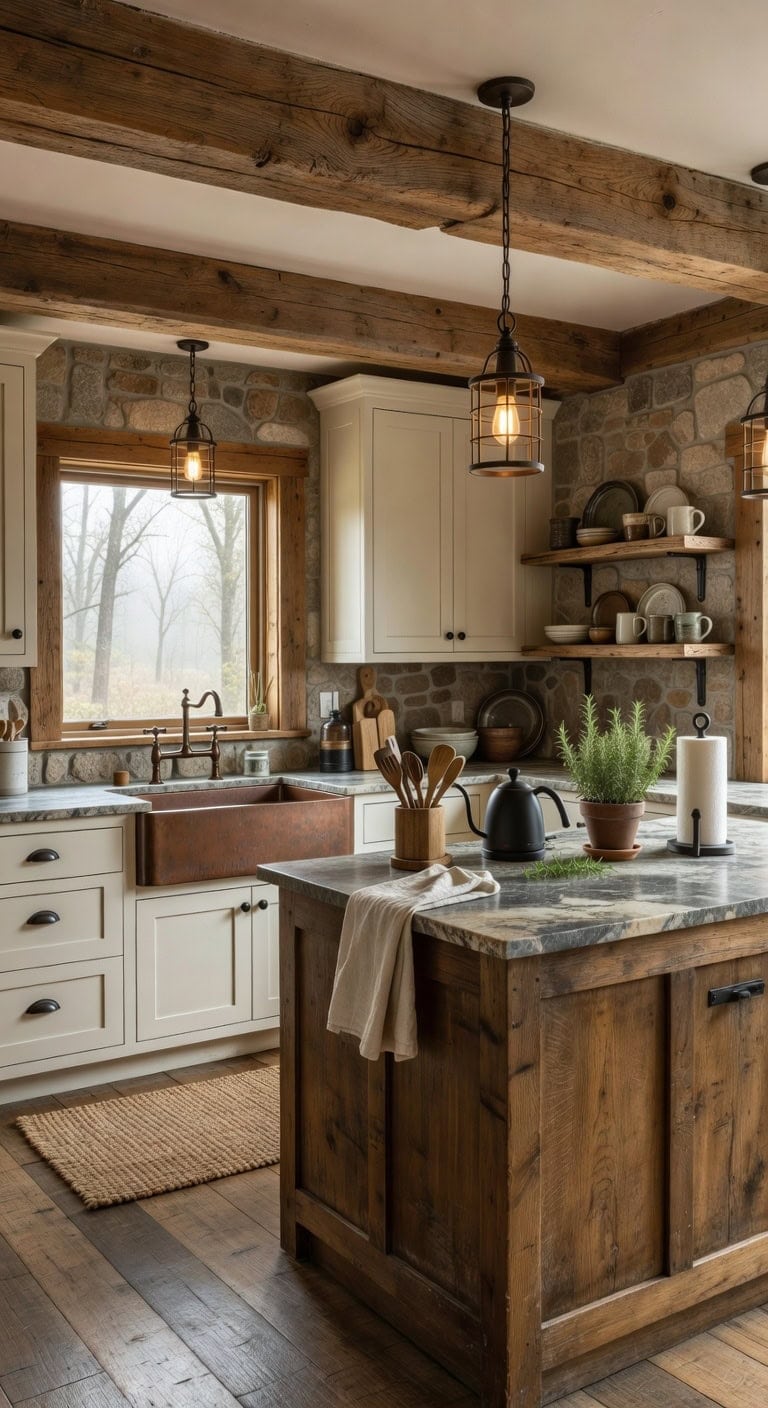 rustic timber beams anchor farmhouse aesthetic