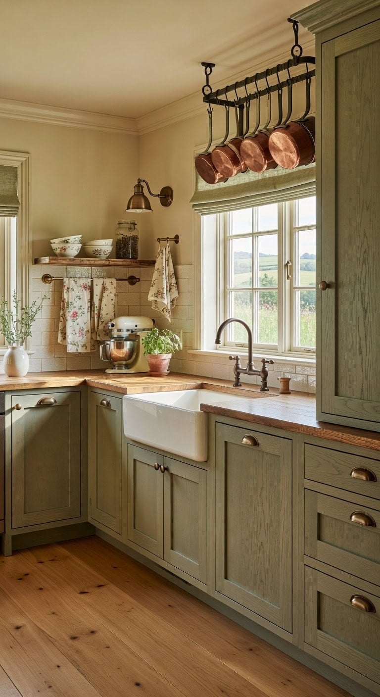 sage painted hickory country kitchen