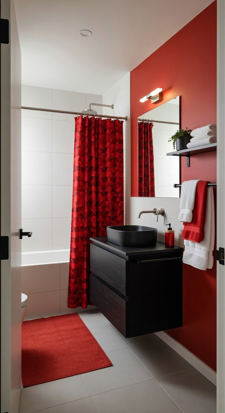 scandinavian red black bathroom vignette