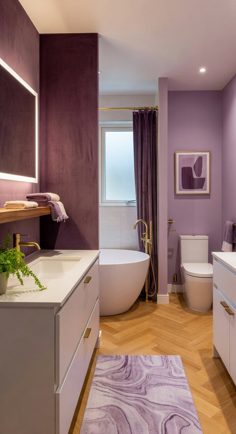 serene plum hued bathroom retreat