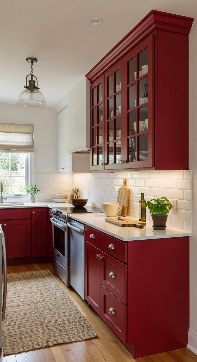 showcasing dishware through red framed glass