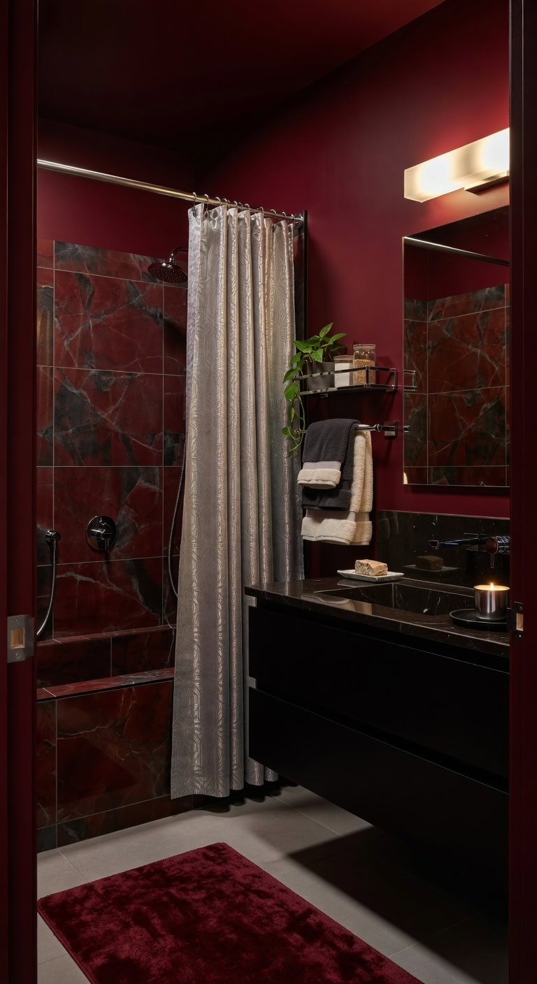 silver accented glamorous dark red bathroom